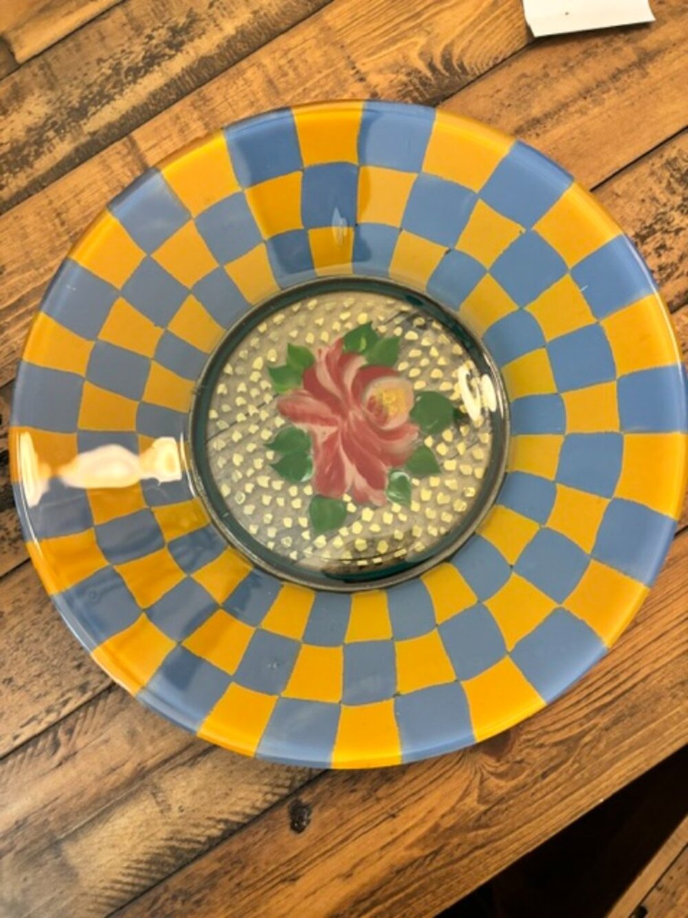 Vintage 1990s MacKenzie-Childs Hand Painted Glass Rose Plate 11” Rare